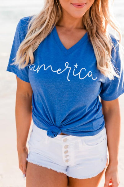 America Cursive Graphic V-Neck Heather True Royal Tee