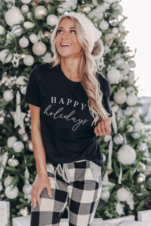 Happy Holidays Script Black Graphic Tee