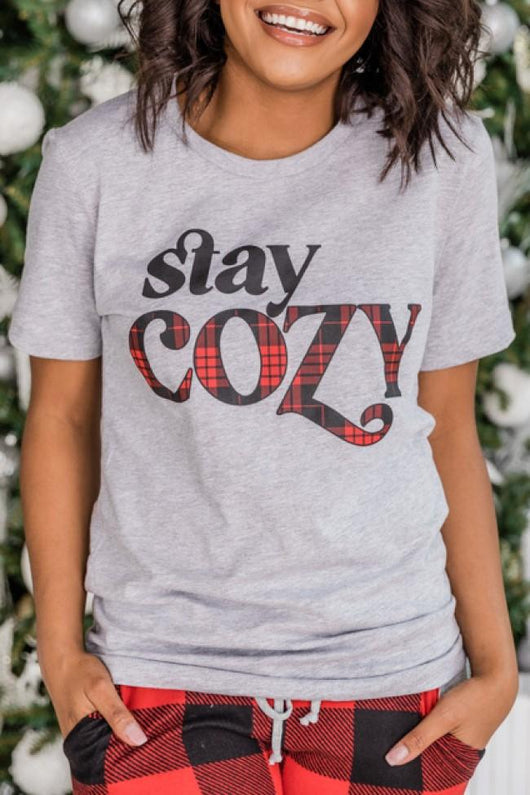 Stay Cozy Plaid Graphic Grey Tee