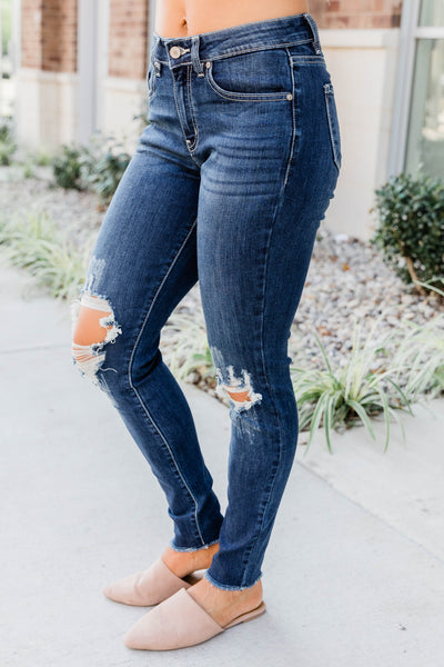 The Kallista Dark Wash Distressed Crop Jeans