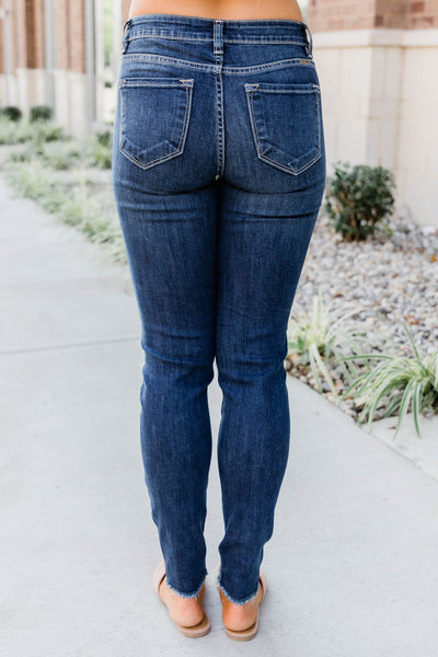 The Kallista Dark Wash Distressed Crop Jeans