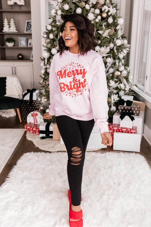 Merry And Bright Stars Graphic Pink Sweatshirt