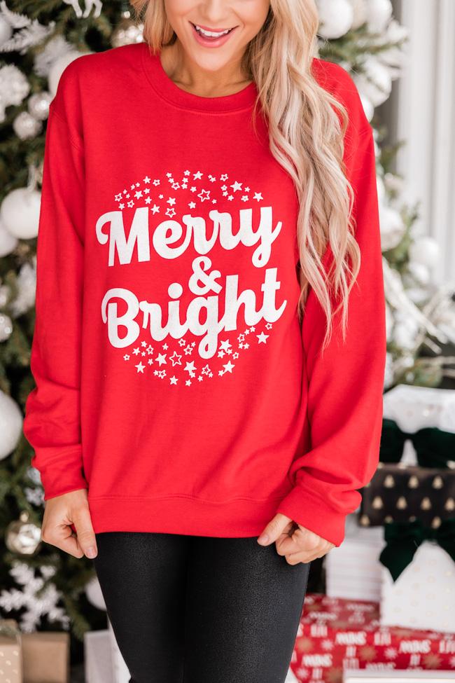 Merry And Bright Stars Graphic Red Sweatshirt