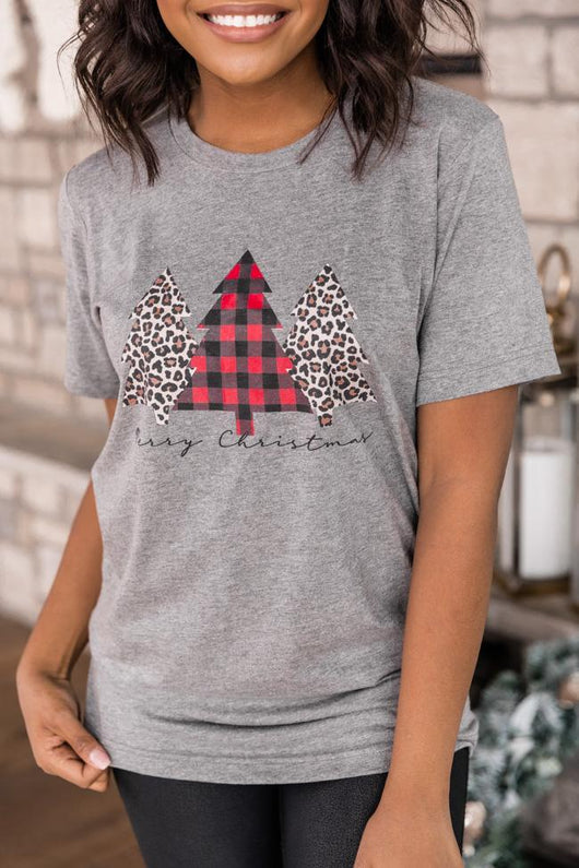 Plaid And Animal Print Trees Grey Graphic Tee
