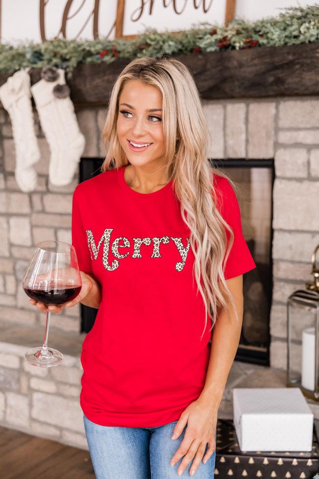 Merry Animal Print Graphic Red Tee