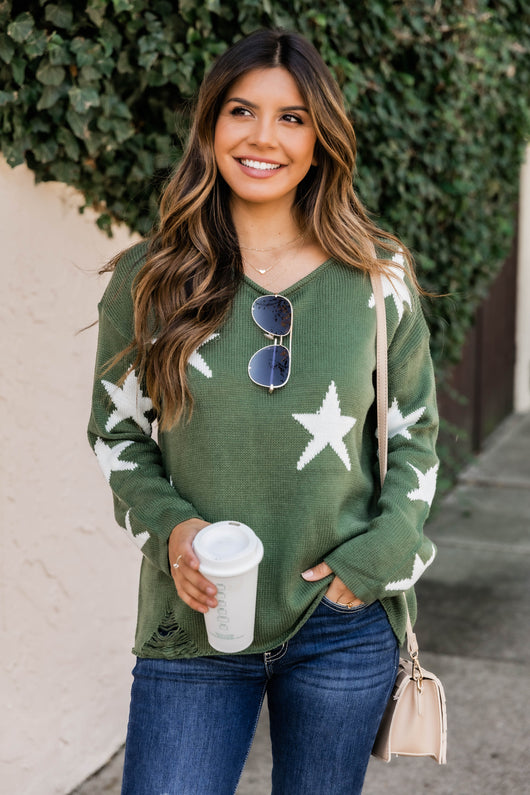Lost In The Stars Distressed Olive Sweater FINAL SALE