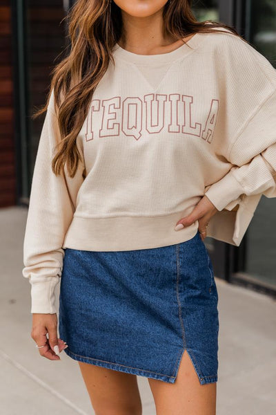 Tequila Block Cropped Corded Graphic Cream Sweatshirt