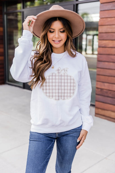 Plaid Pumpkin Applique White Sweatshirt