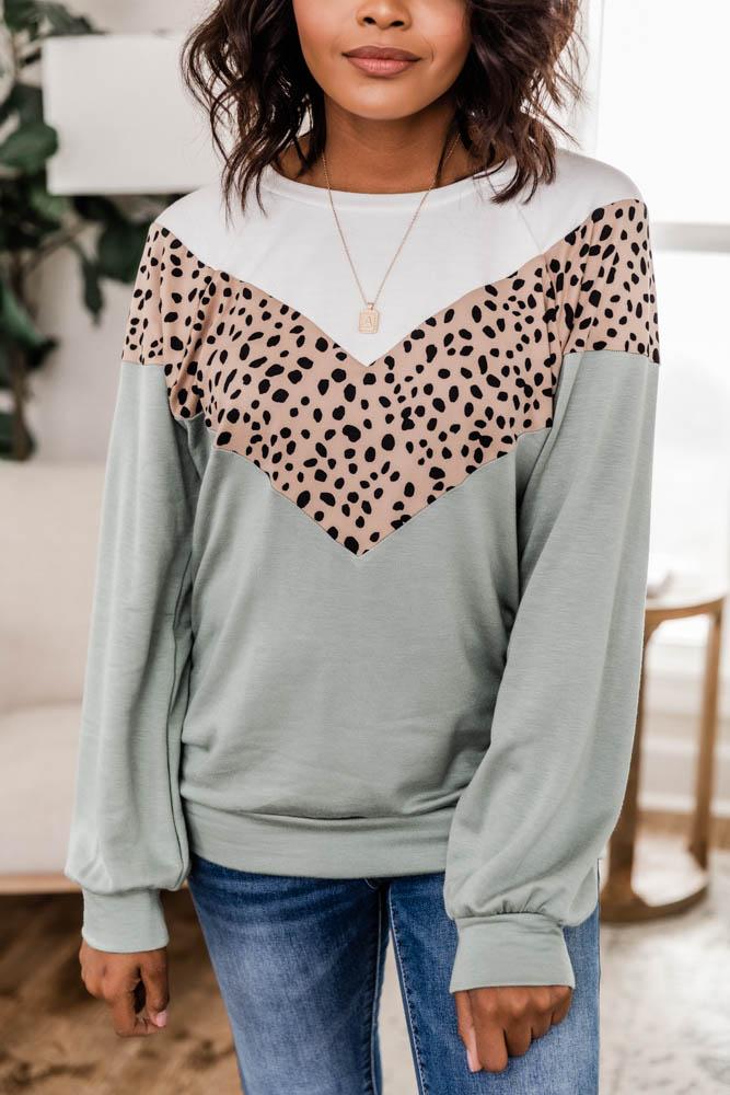 You Never Know Spotted Colorblock Sage Pullover