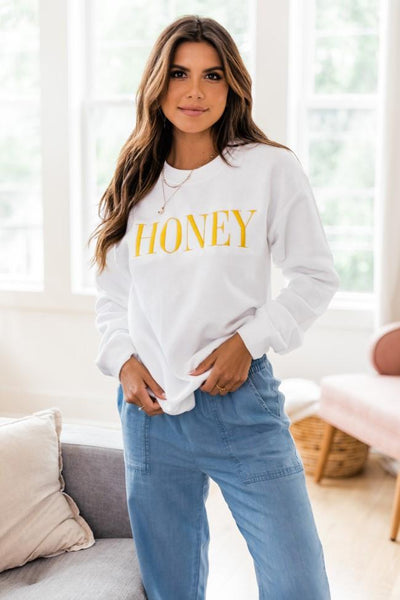 Honey Embroidered Graphic White Sweatshirt