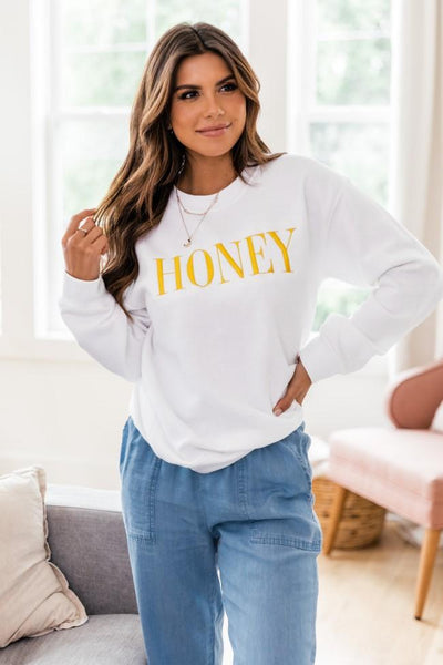 Honey Embroidered Graphic White Sweatshirt