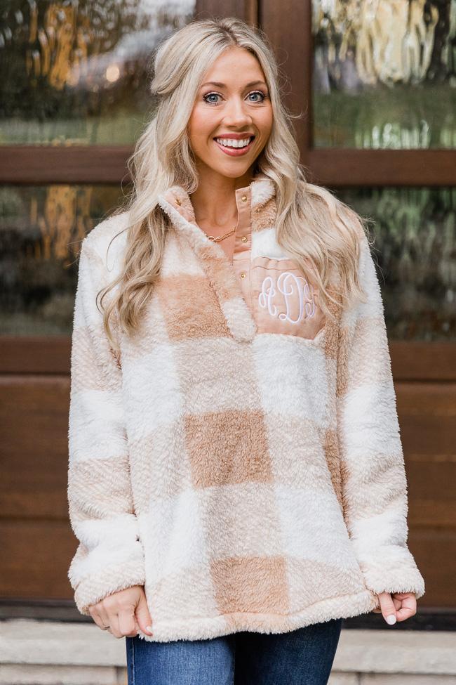 All Snowed In Monogram Tan Plaid Pullover