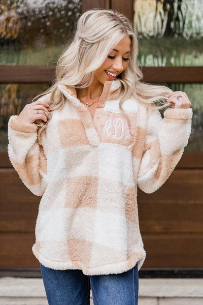 All Snowed In Monogram Tan Plaid Pullover