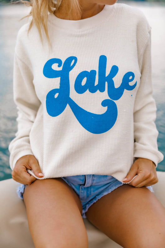 Lake Script Graphic Pullover Corded Sweatshirt Ivory