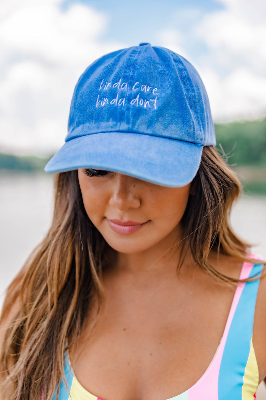 Kinda Care Kinda Don't Embroidered Baseball Cap Vintage Royal Blue