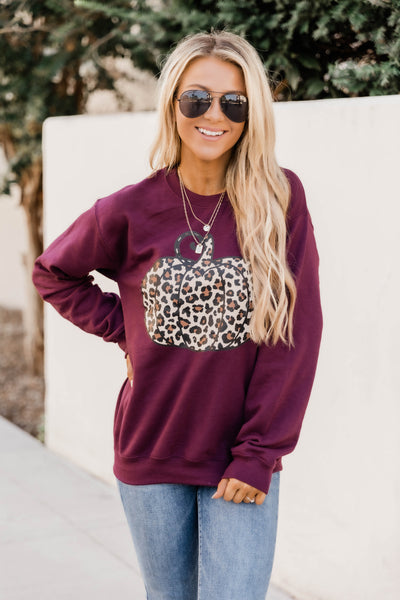 Animal Print Pumpkin Graphic Maroon Sweatshirt