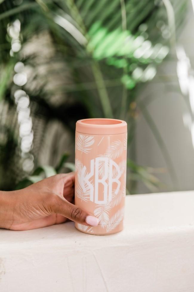 Seaside Escape 12oz Monogram Peach Leaf Print Can Cooler