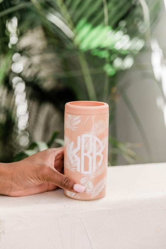 Seaside Escape 12oz Monogram Peach Leaf Print Can Cooler