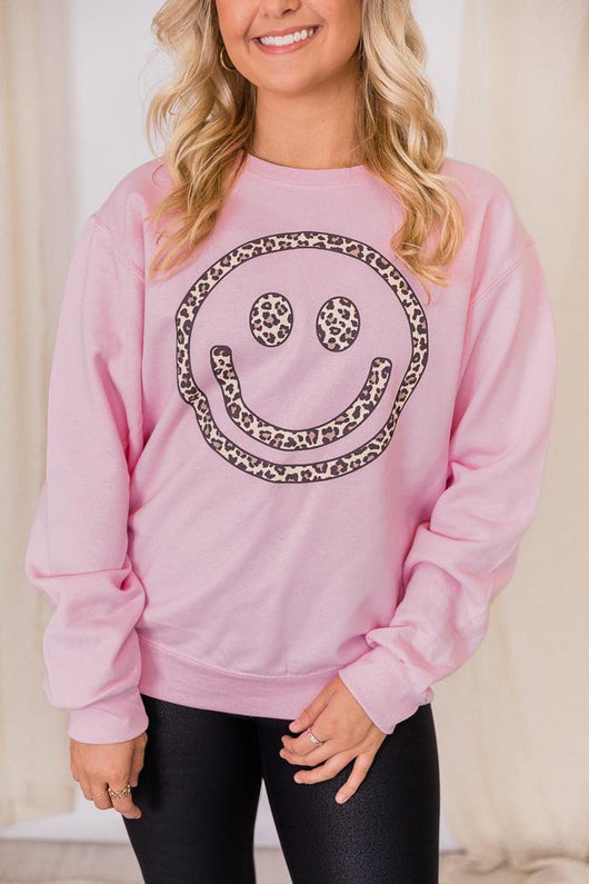 Animal Print Smiley Face Pink Graphic Sweatshirt