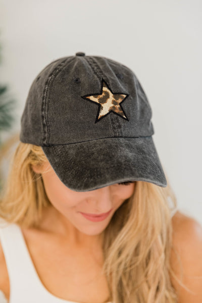 Animal Print Star Applique Baseball Cap Charcoal