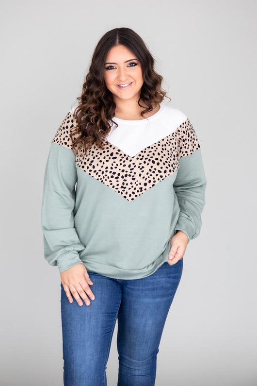 You Never Know Spotted Colorblock Sage Pullover