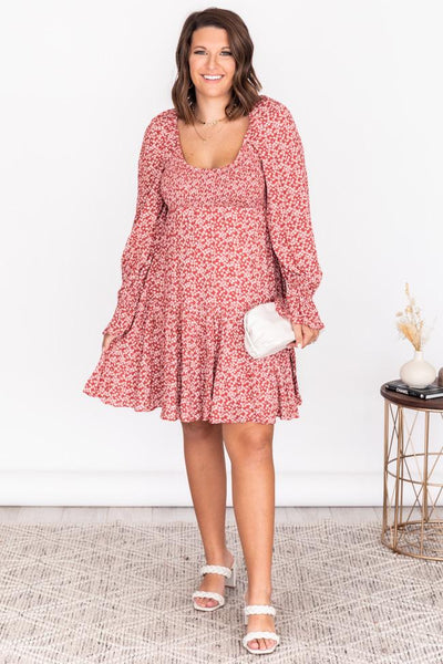 Following A Shadow Red Smocked Floral Dress