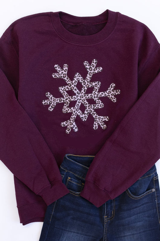 Animal Print Snowflake Graphic Maroon Sweatshirt