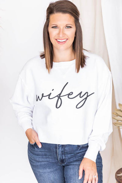Wifey Script White Cropped Corded Graphic Sweatshirt