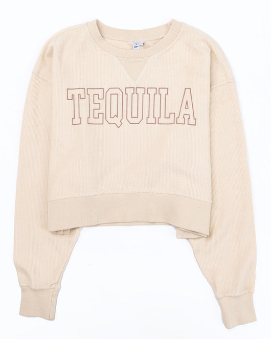 Tequila Block Cropped Corded Graphic Cream Sweatshirt