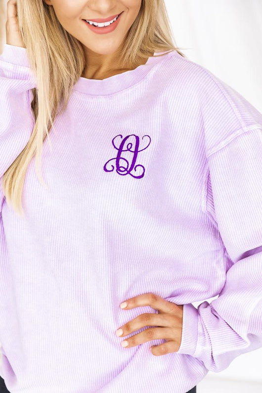 Single Initial Embroidered Corded Lilac Sweatshirt