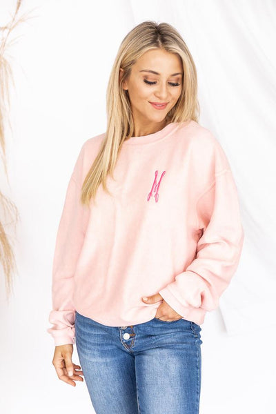 Single Initial Embroidered Corded Pink Sweatshirt