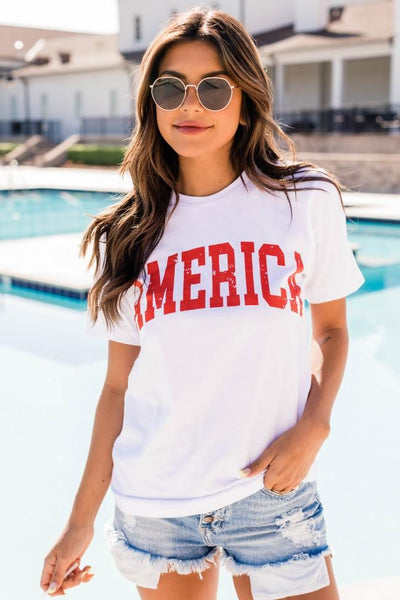 America Distressed Red Graphic White Tee