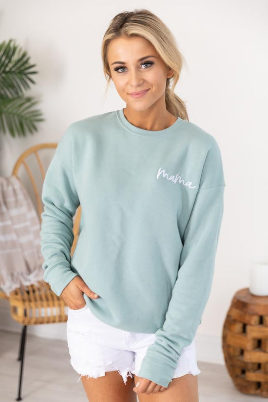 Mama Embroidered Script Dusty Blue Sweatshirt