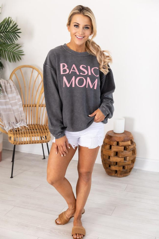 Basic Mom Corded Graphic Sweatshirt Charcoal