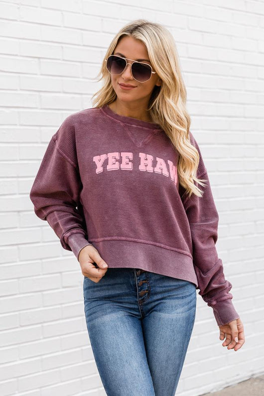 Yee Haw Cropped Corded Graphic Maroon Sweatshirt