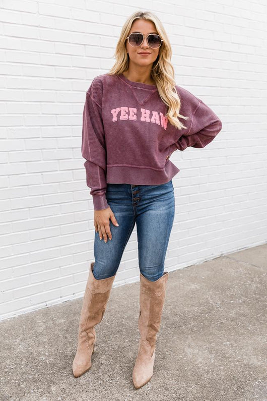 Yee Haw Cropped Corded Graphic Maroon Sweatshirt