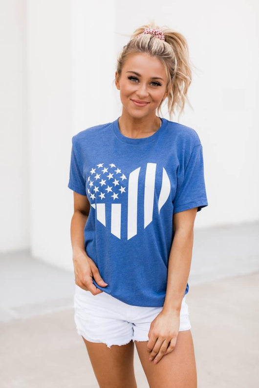 Distressed Vertical Flag Heart Blue Graphic Tee