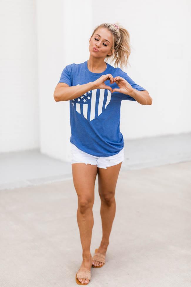Distressed Vertical Flag Heart Blue Graphic Tee