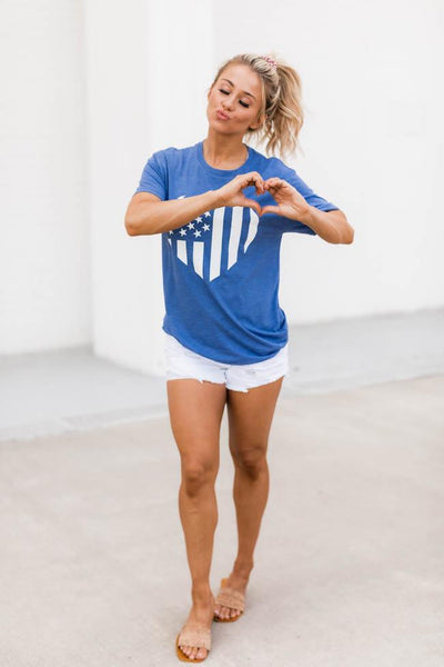 Distressed Vertical Flag Heart Blue Graphic Tee