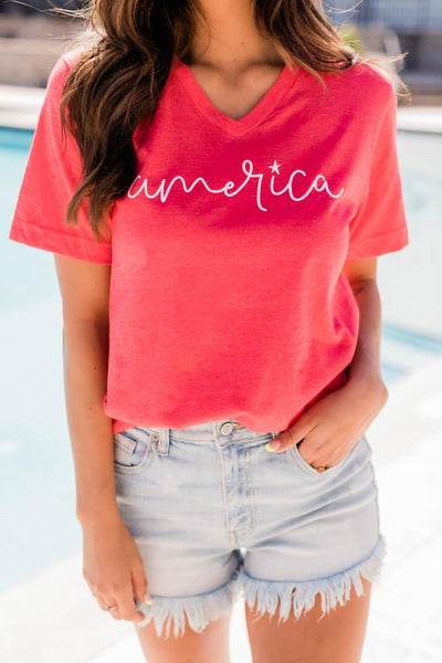 America Cursive V-Neck Heather Red