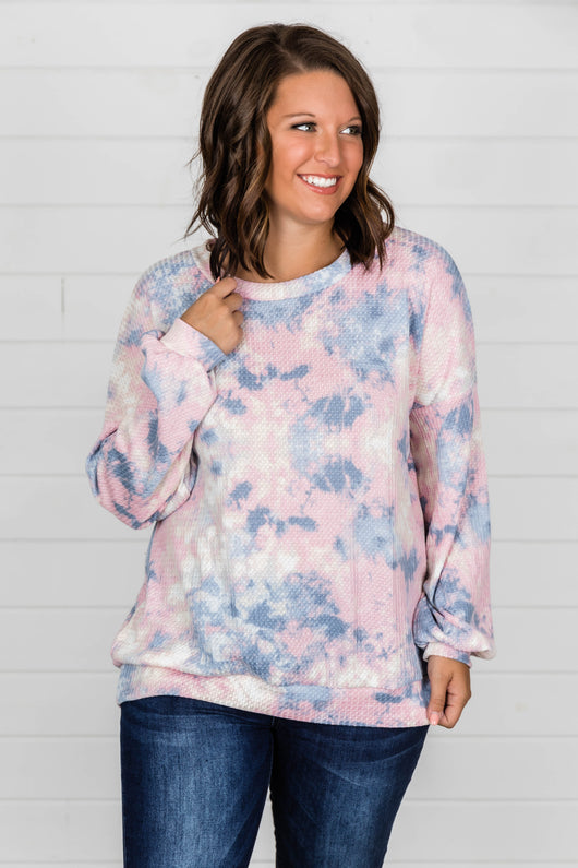 And They Say Waffle Knit Tie Dye Denim Blouse FINAL SALE