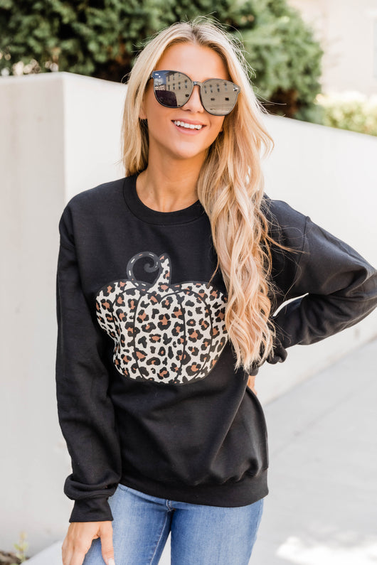 Animal Print Pumpkin Graphic Black Sweatshirt
