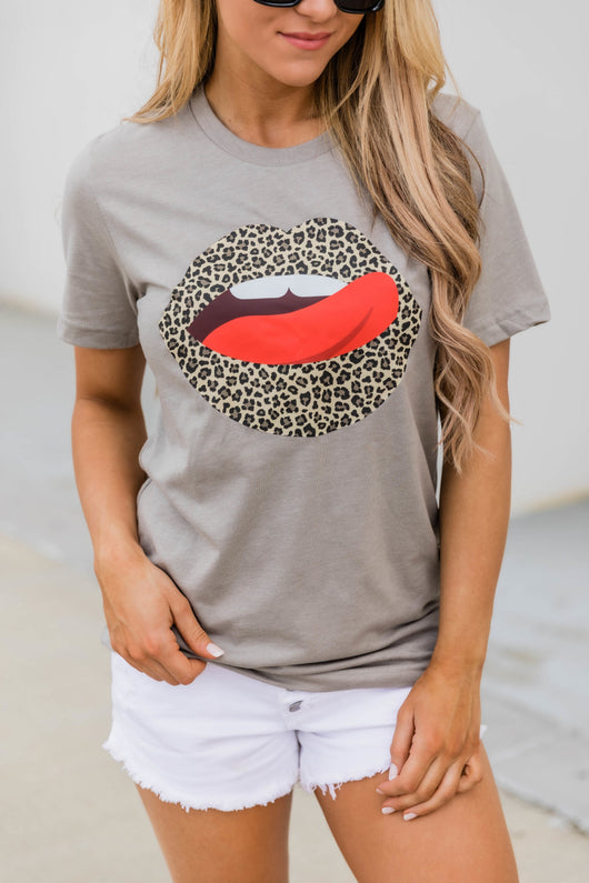 Animal Print Lips Tee Heather Stone