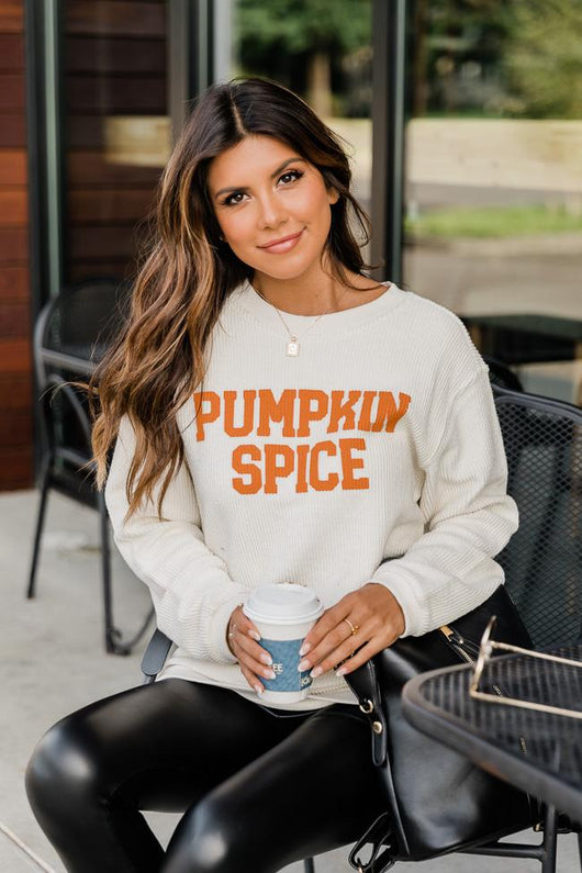 Pumpkin Spice Graphic Pullover Corded Ivory Sweatshirt