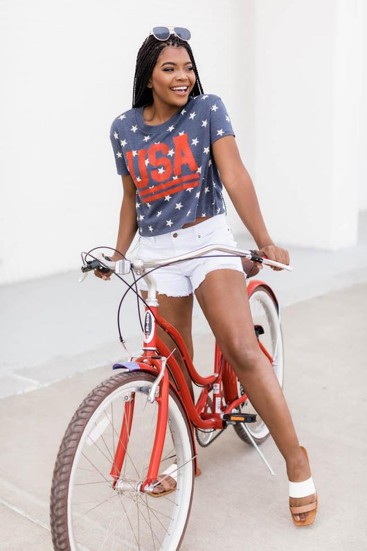 Vintage USA Stripes Cropped Graphic Tee Navy