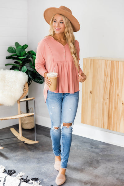 Beautiful Things Waffle Knit Blouse Coral