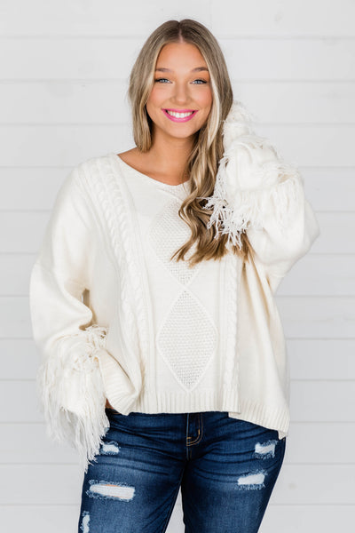 By The Firelight Ivory Fringe Sweater
