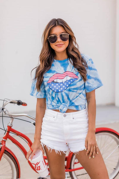 USA Flag Lips Tie Dye Tee Light Blue