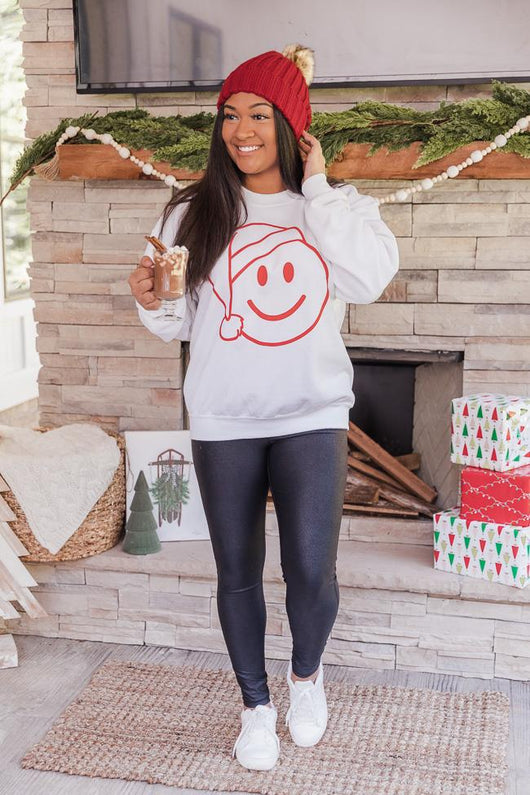 Santa Smiley White Graphic Sweatshirt