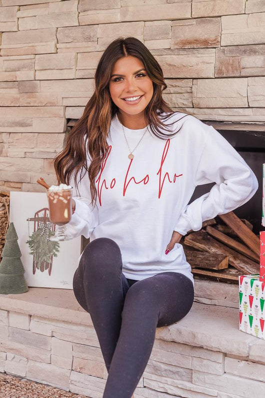 Ho Ho Ho Script White Graphic Sweatshirt